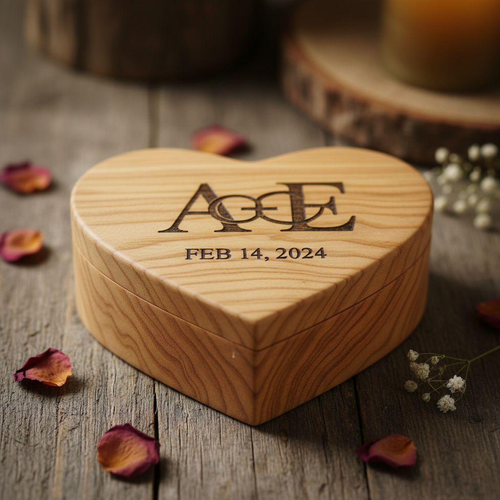 Personalized heart-shaped wooden keepsake box with custom engraving