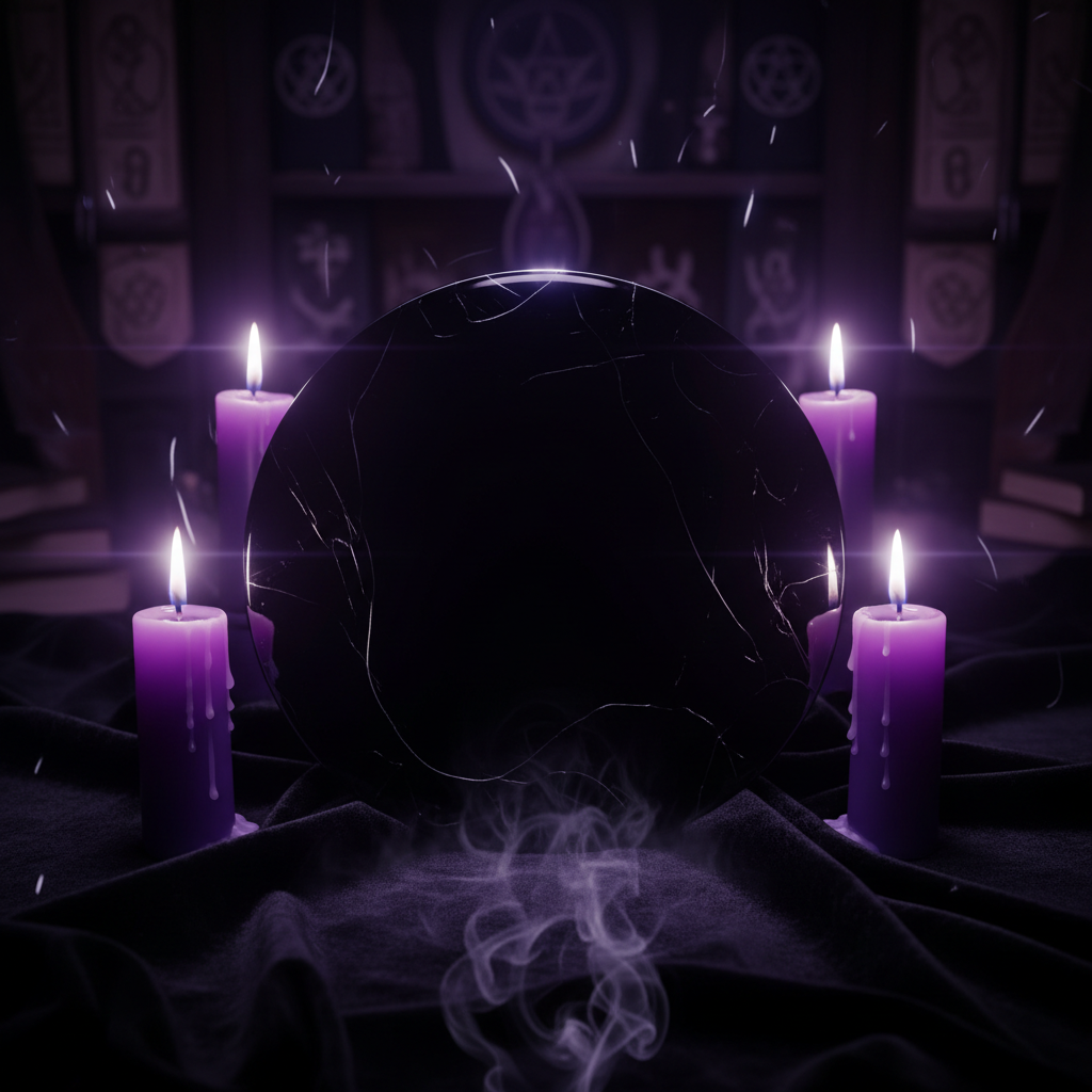 Obsidian scrying mirror, polished black divination tool with purple candles