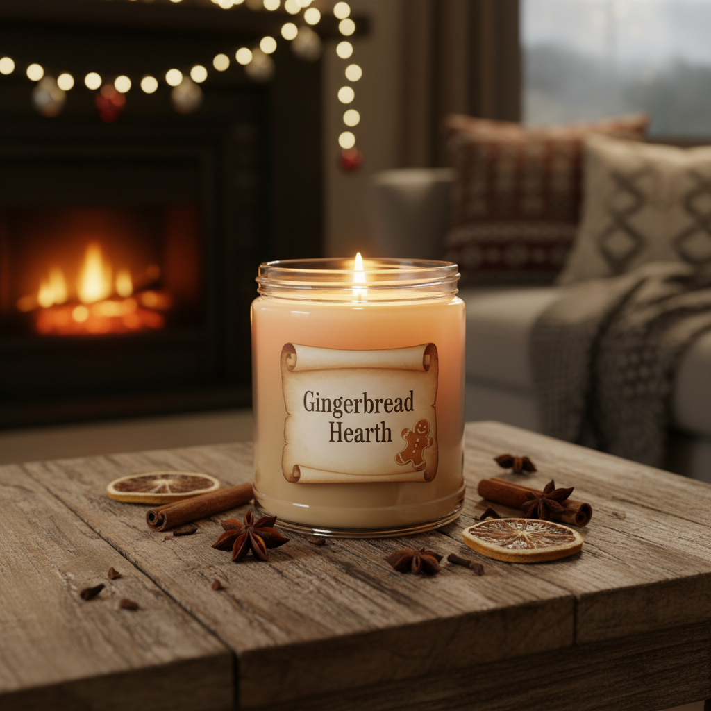 Warm gingerbread scented candle in glass jar on rustic wooden surface