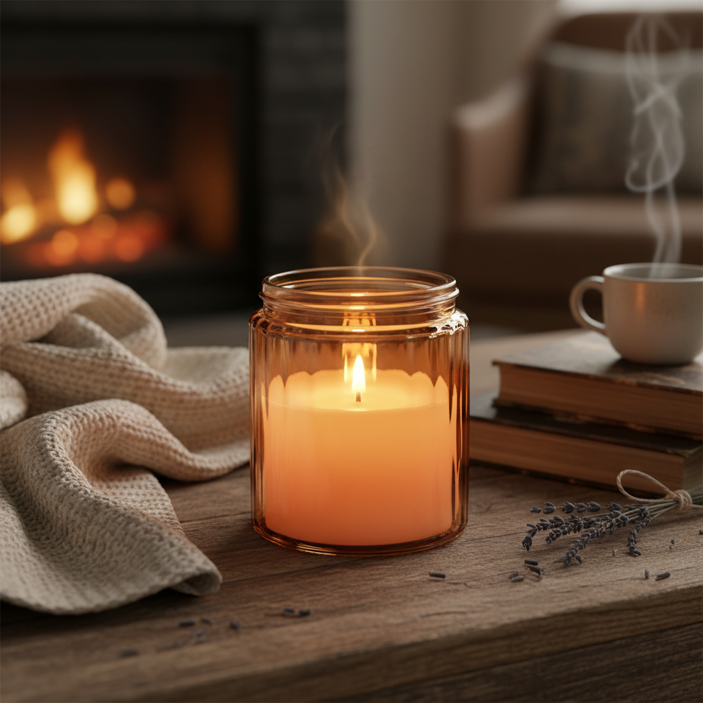 Amber glow candle in glass jar with warm golden light on rustic wooden surface