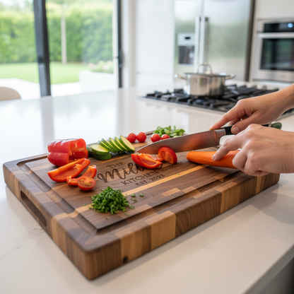 Personalized wooden cutting board in use in modern kitchen with fresh vegetables