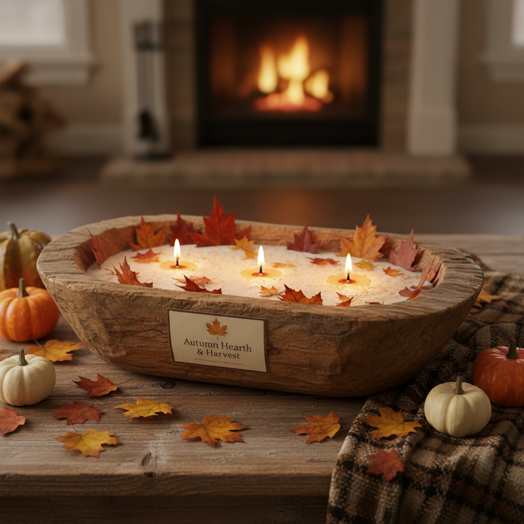 Rustic wooden dough bowl filled with autumn leaves scented 3-wick candle on farmhouse table