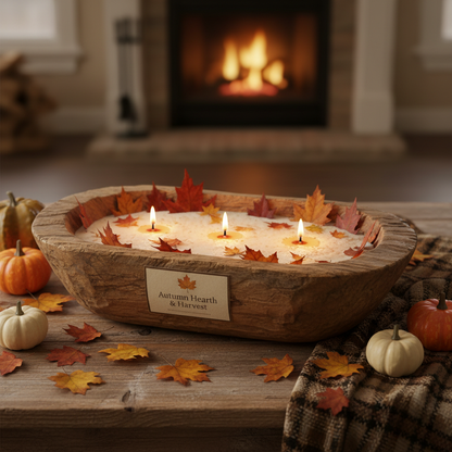 Rustic wooden dough bowl filled with autumn leaves scented 3-wick candle on farmhouse table