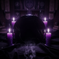 Obsidian scrying mirror, polished black divination tool with purple candles