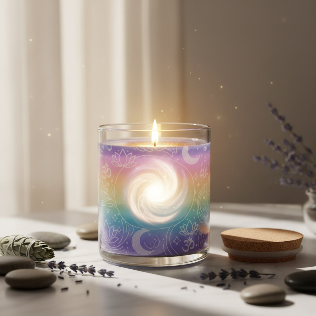 Tranquil healing aura jar candle in glass container with calming colors