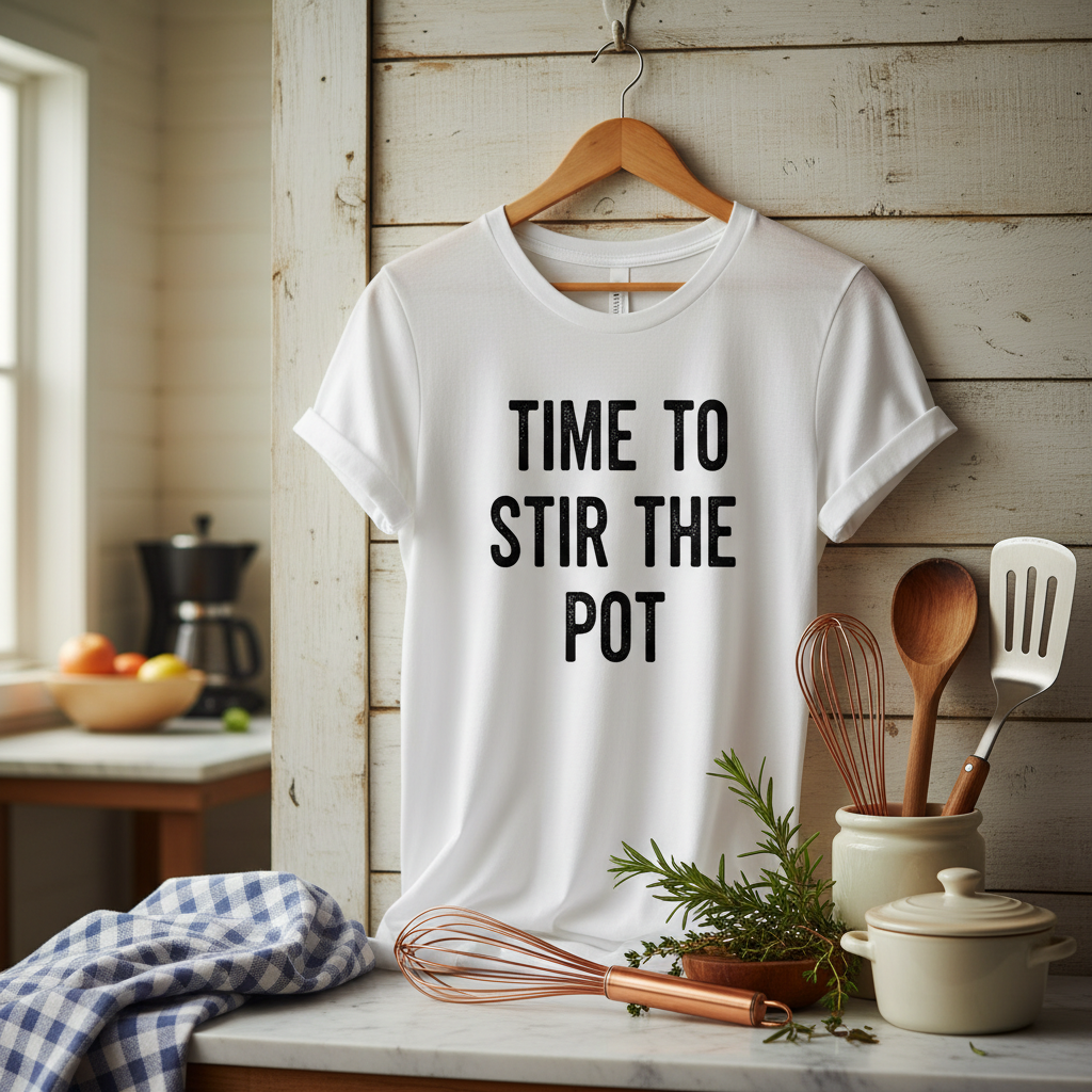 Time to stir the pot t-shirt on hanger with kitchen accessories and cooking utensils