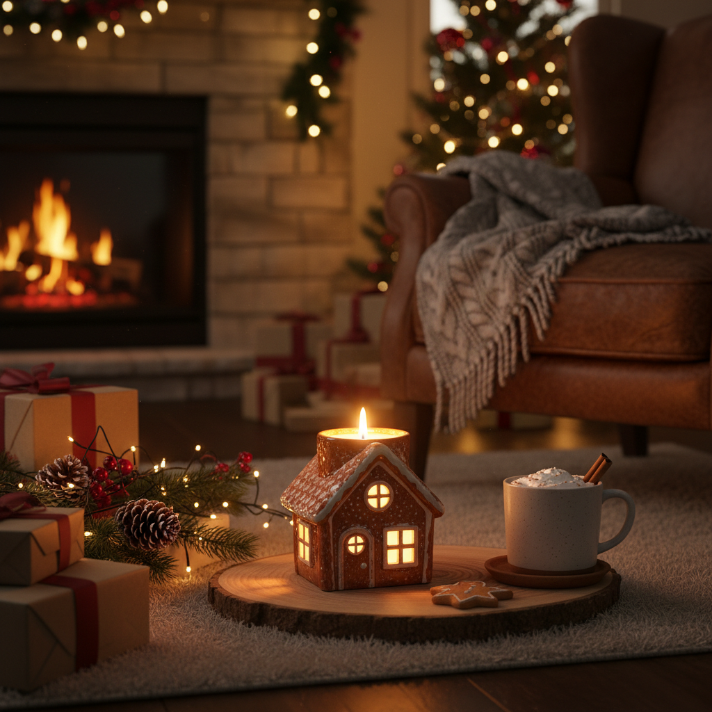 Gingerbread candle burning with warm glow in cozy living room