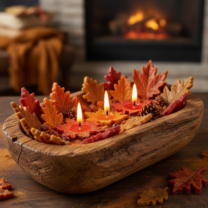 Close-up of autumn leaves dough bowl candle showing three burning wicks and fall-colored wax