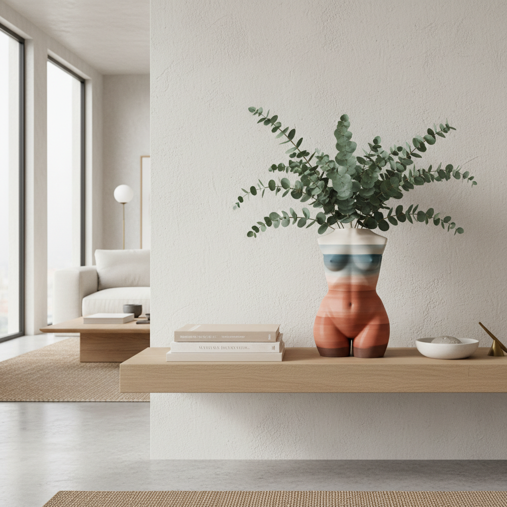 Multi-tonal body vase styled on modern shelf with eucalyptus branches