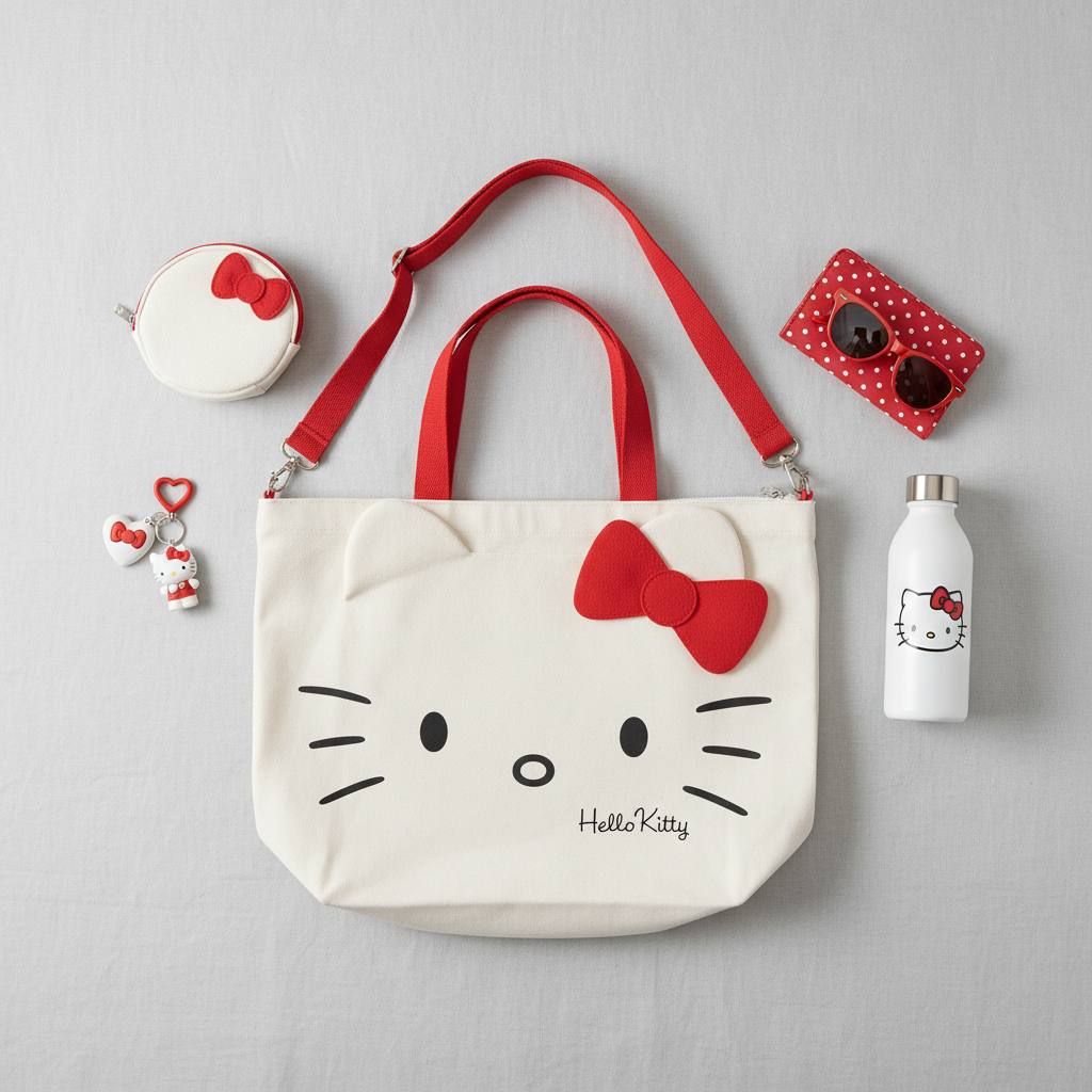 Overhead flat lay of white Hello Kitty bag with accessories