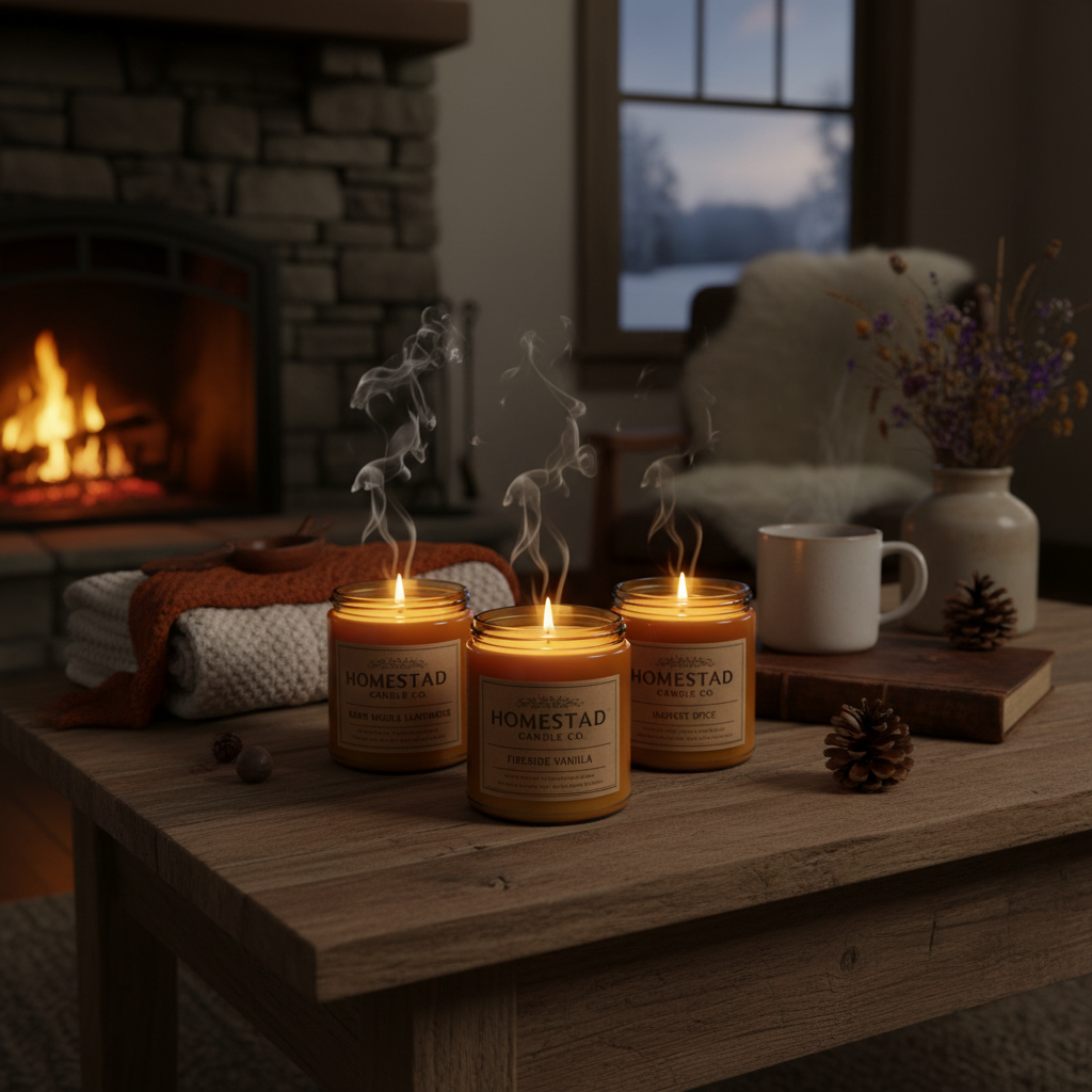 Homestead candle collection burning with warm glow in farmhouse setting