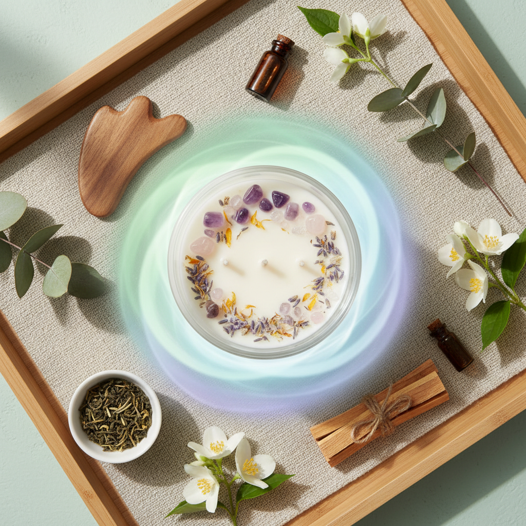 Overhead flat lay of tranquil healing aura jar candle with healing crystals