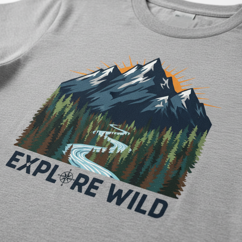 Close-up of adventure nature graphic t-shirt showing mountain and forest design