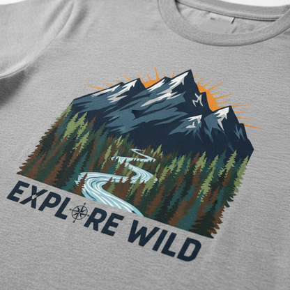 Close-up of adventure nature graphic t-shirt showing mountain and forest design