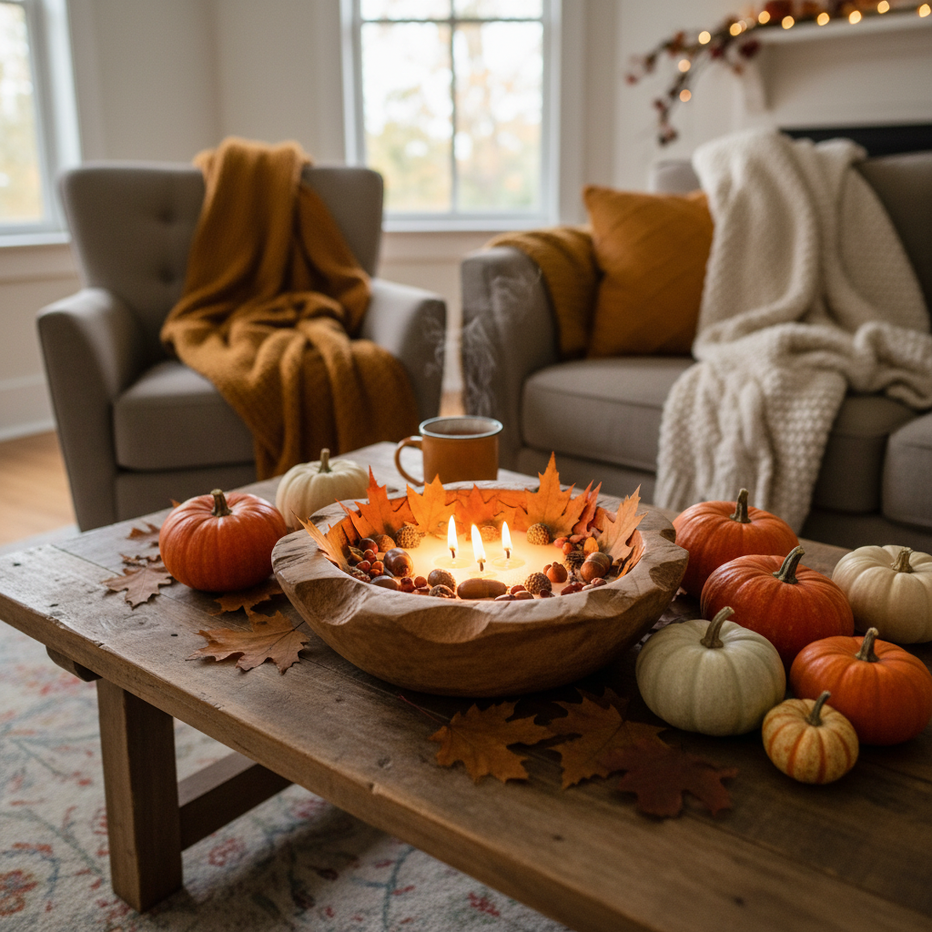 Autumn leaves dough bowl candle on coffee table with pumpkins and fall decor
