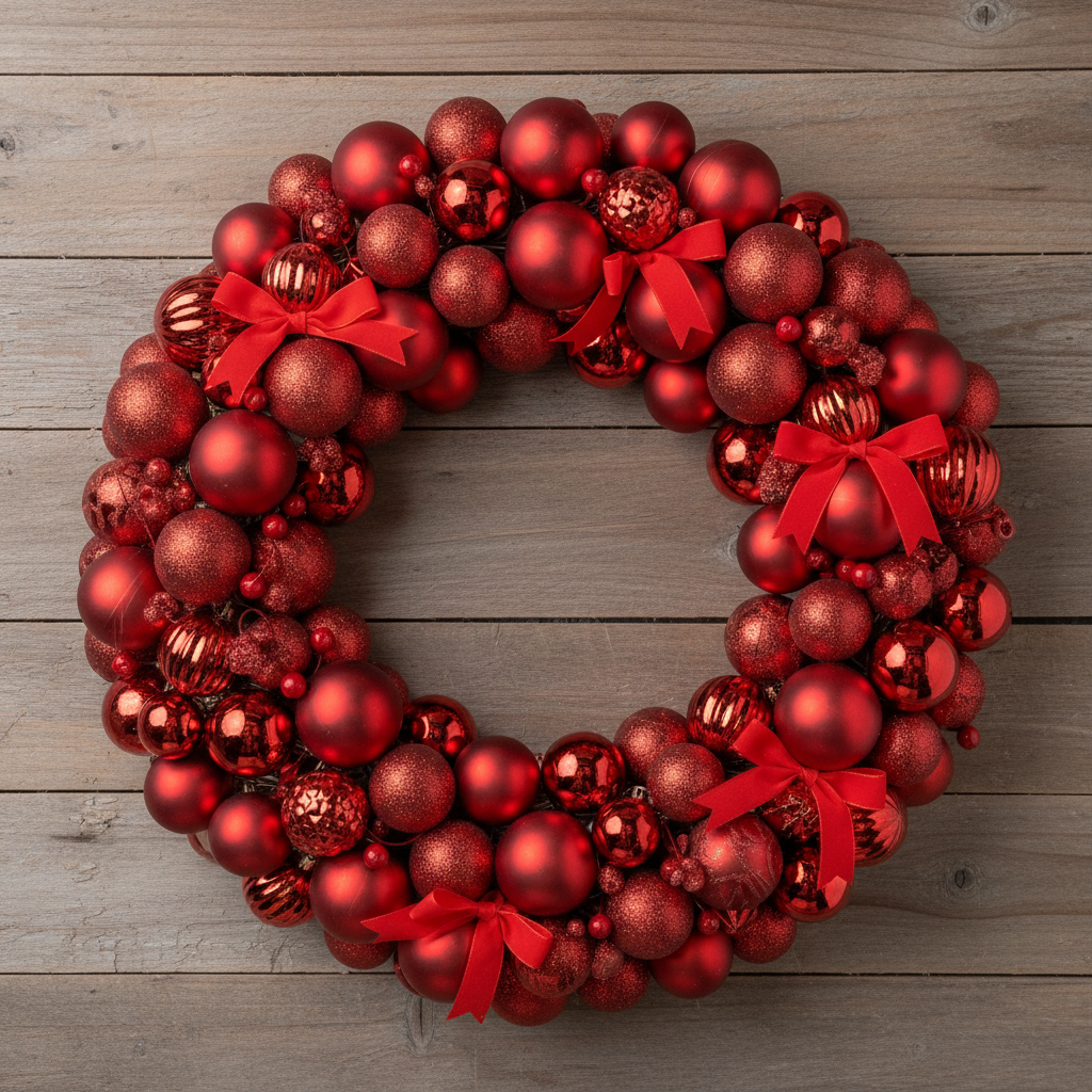 Red ornament wreath displayed against rustic wooden background