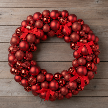 Red ornament wreath displayed against rustic wooden background
