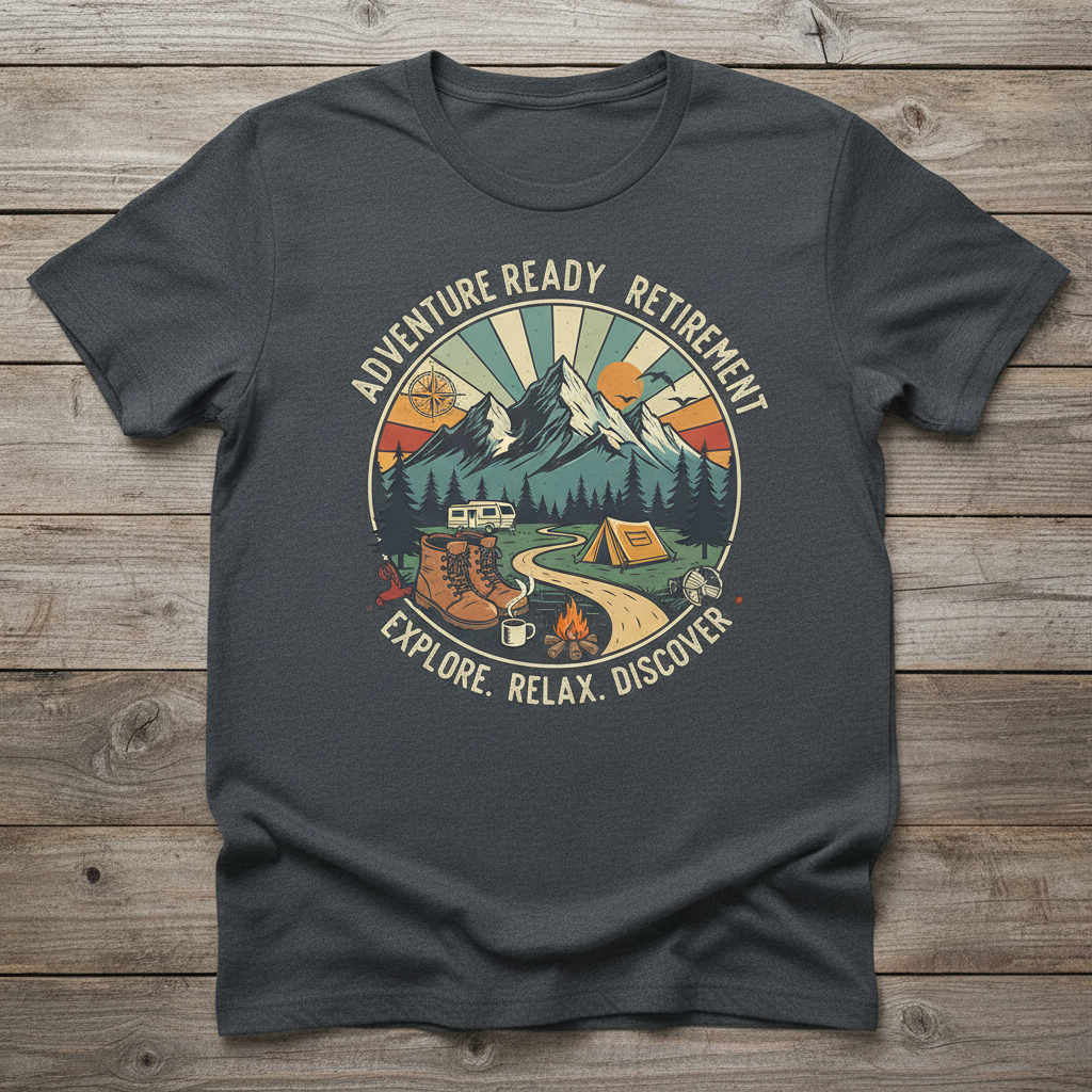 Adventure ready retirement hiking t-shirt with mountains and outdoor adventure design