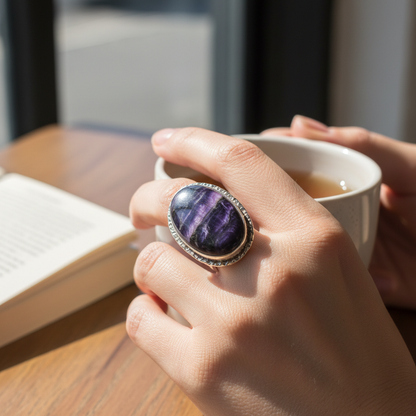 Charoite gemstone ring worn on hand showing size and fit