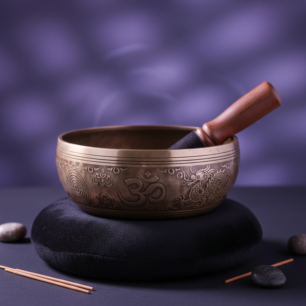 Tibetan singing bowl with wooden mallet on black cushion