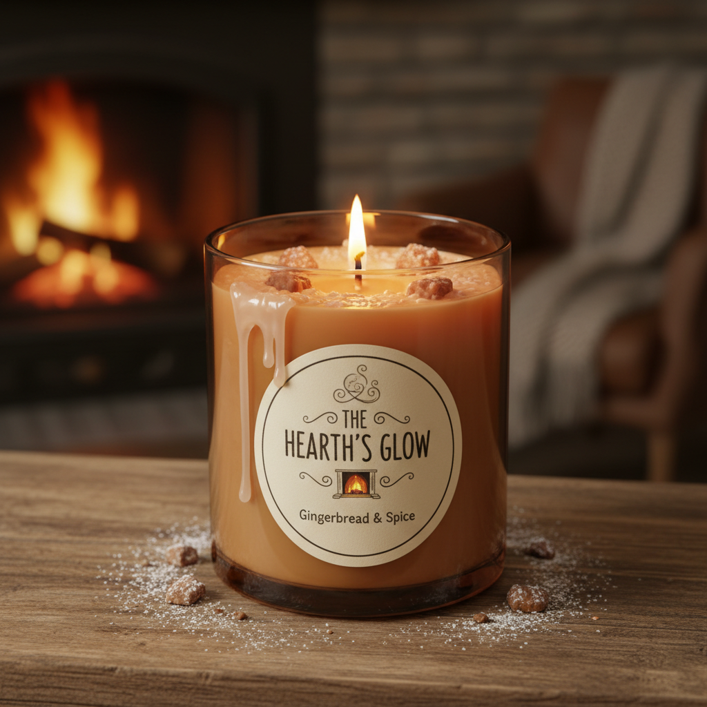 Close-up of gingerbread hearth candle showing label and wax texture