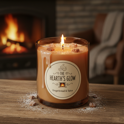Close-up of gingerbread hearth candle showing label and wax texture