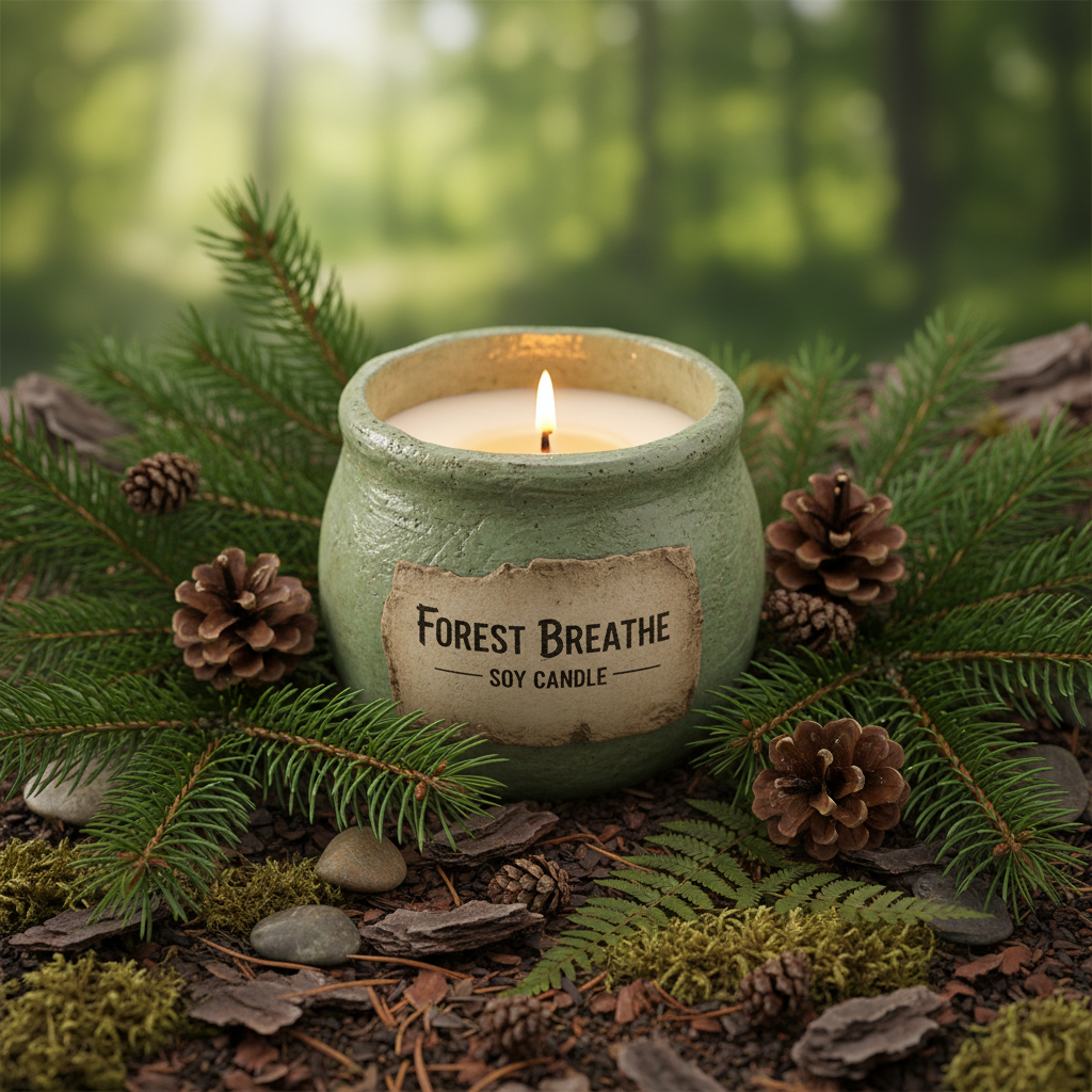 Forest Air scented candle with pine branches and natural elements