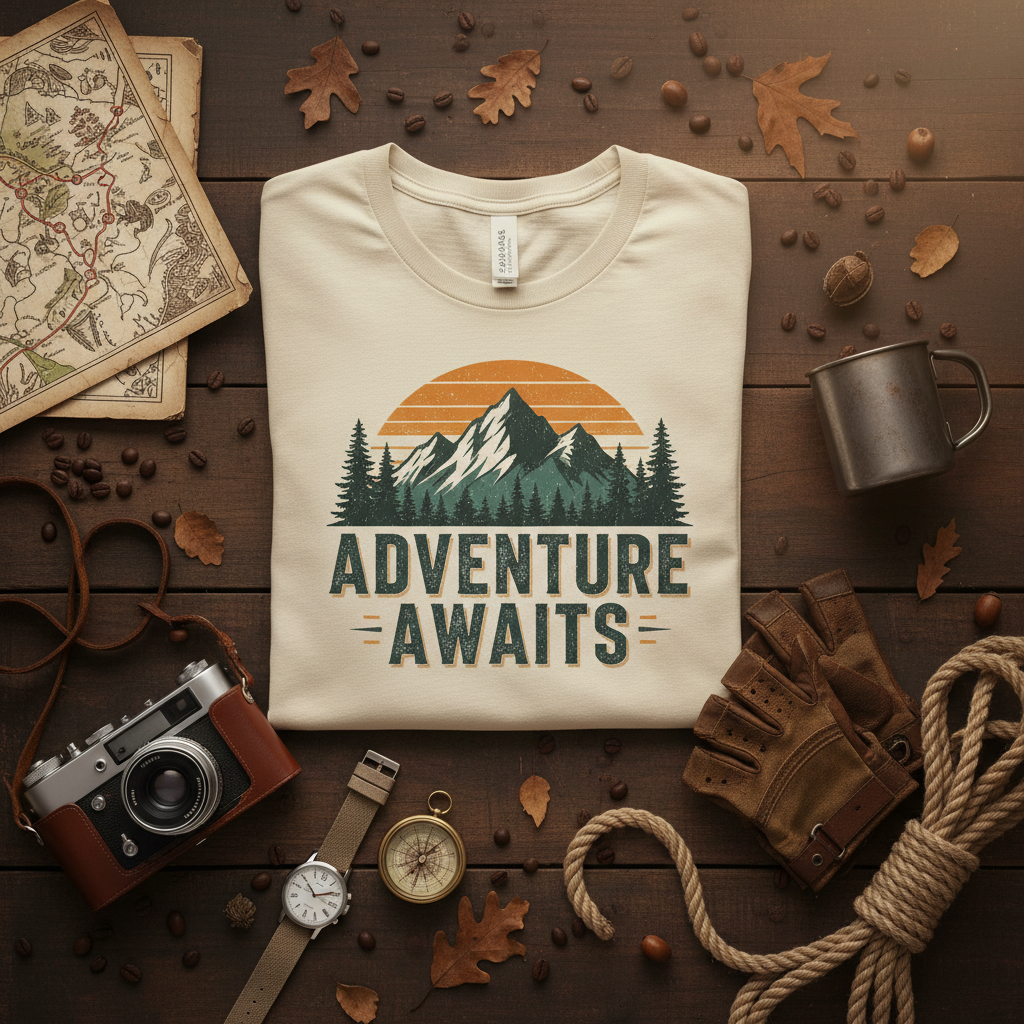 Overhead flat lay of folded retro adventure t-shirt with vintage camera and map