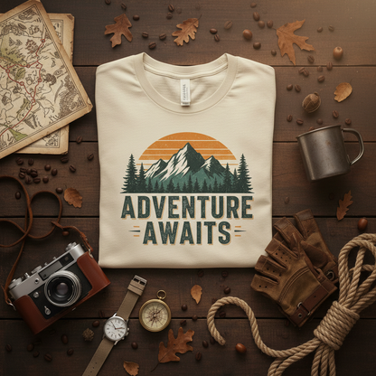 Overhead flat lay of folded retro adventure t-shirt with vintage camera and map