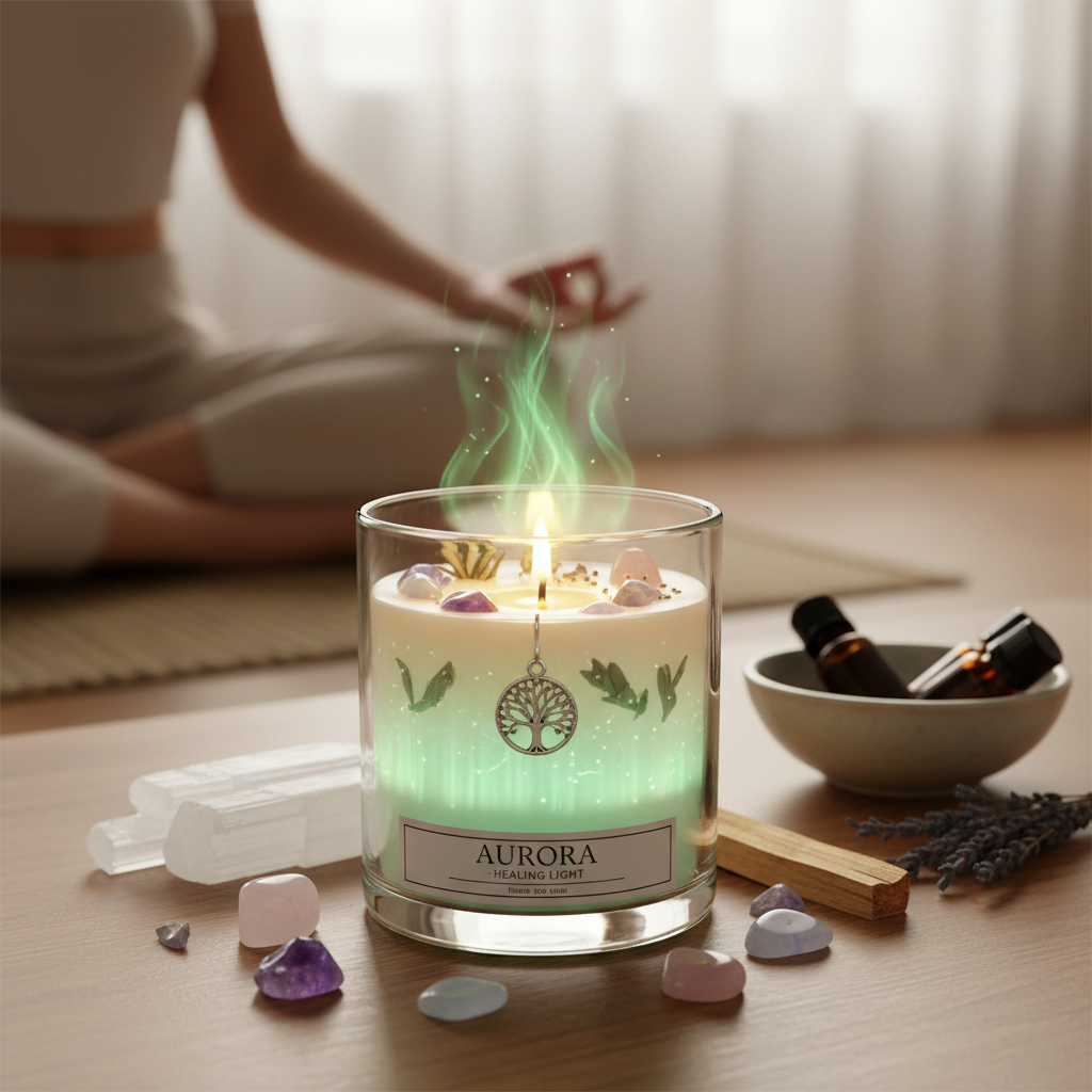 Healing aura jar candle styled with crystals and spiritual wellness items