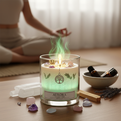 Healing aura jar candle styled with crystals and spiritual wellness items