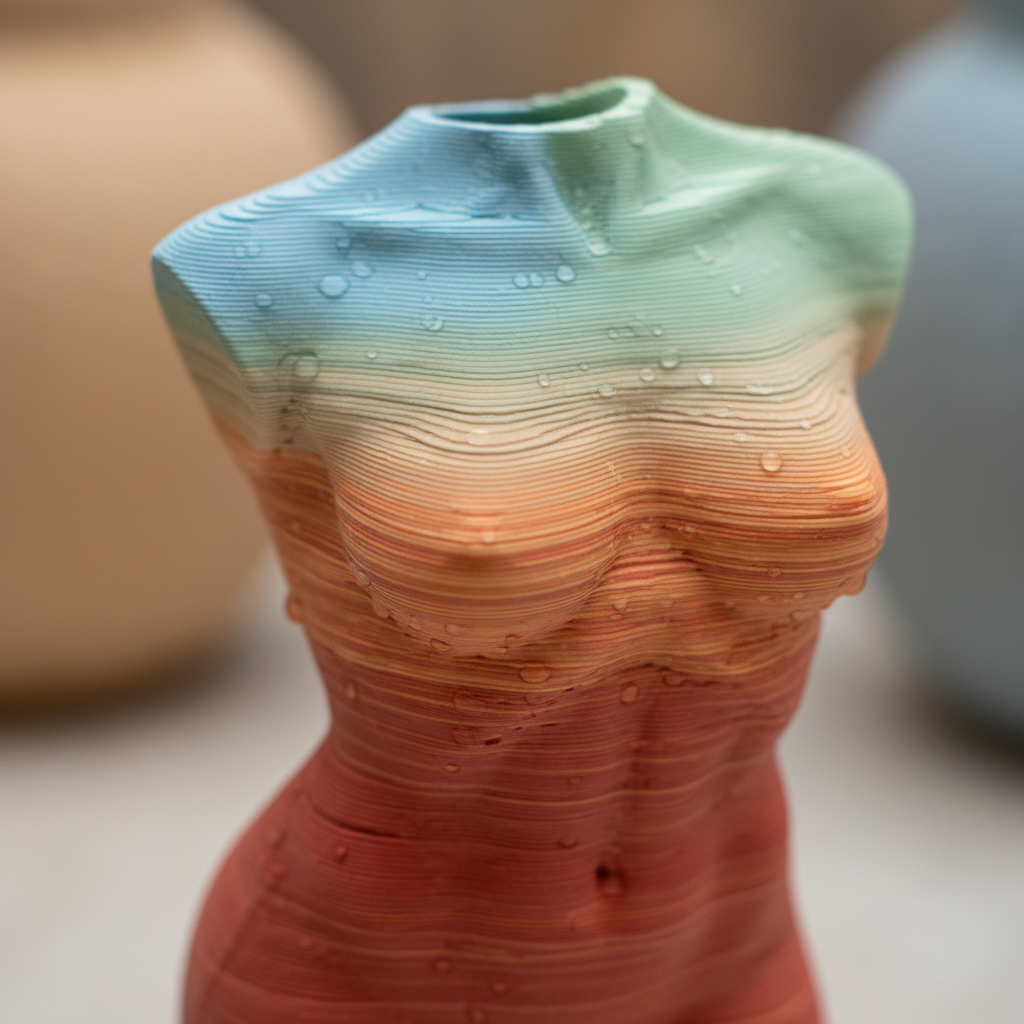 Close-up of 3D printed body vase showing layered texture and gradient colors