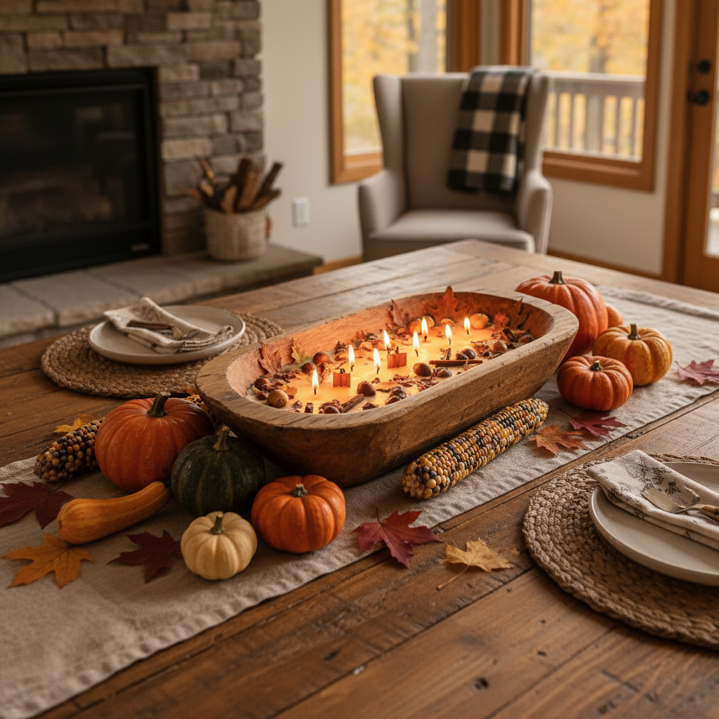 Autumn dough bowl candle as dining table centerpiece with fall harvest decorations