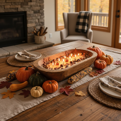 Autumn dough bowl candle as dining table centerpiece with fall harvest decorations