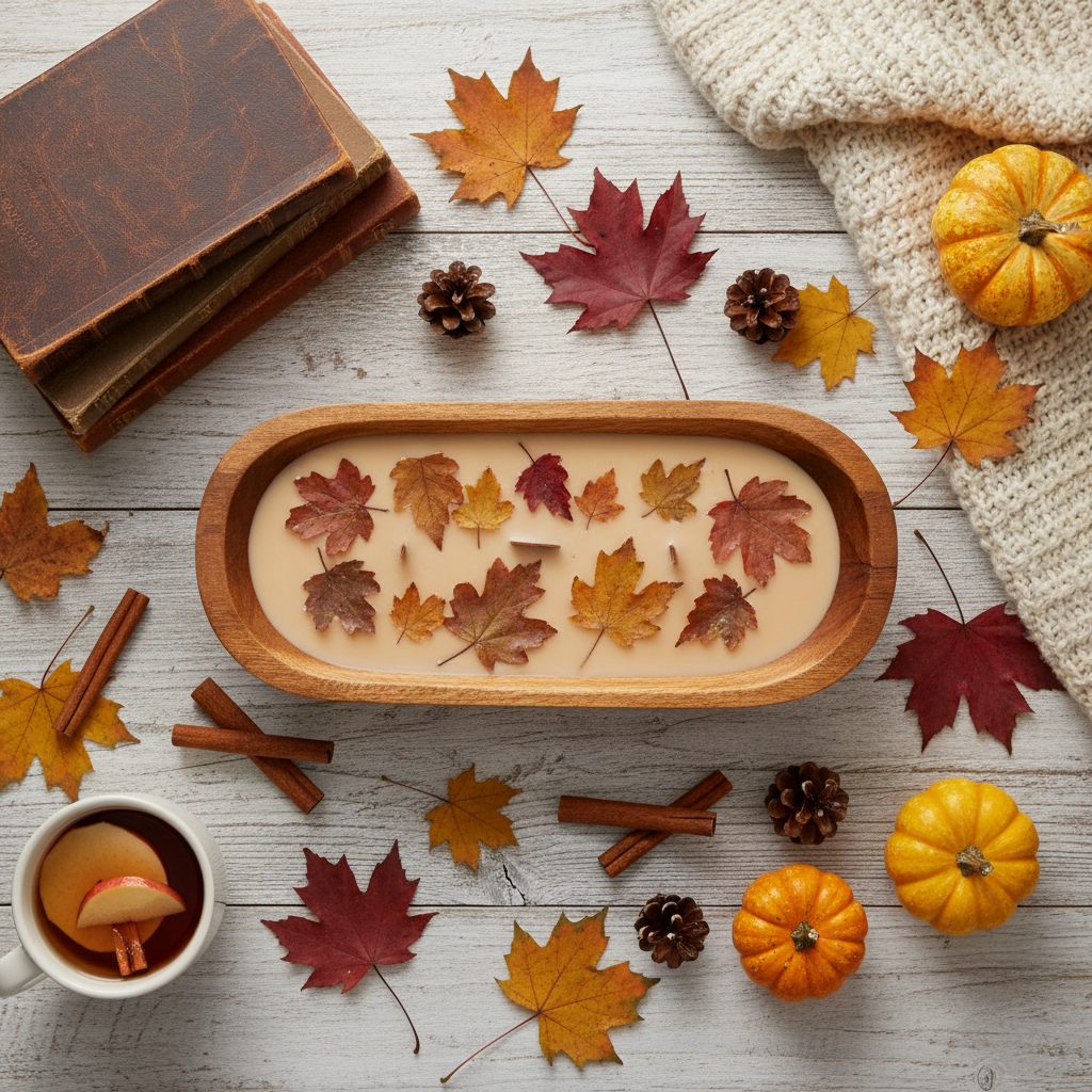 Overhead flat lay of autumn leaves dough bowl candle with fall leaves and cinnamon sticks