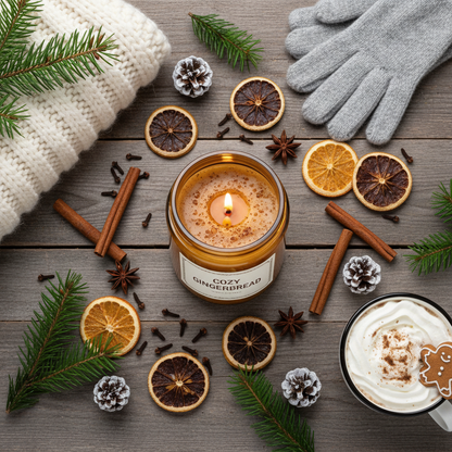 Overhead flat lay of gingerbread candle with holiday spices and pine cones