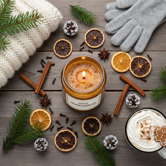 Overhead flat lay of gingerbread candle with holiday spices and pine cones