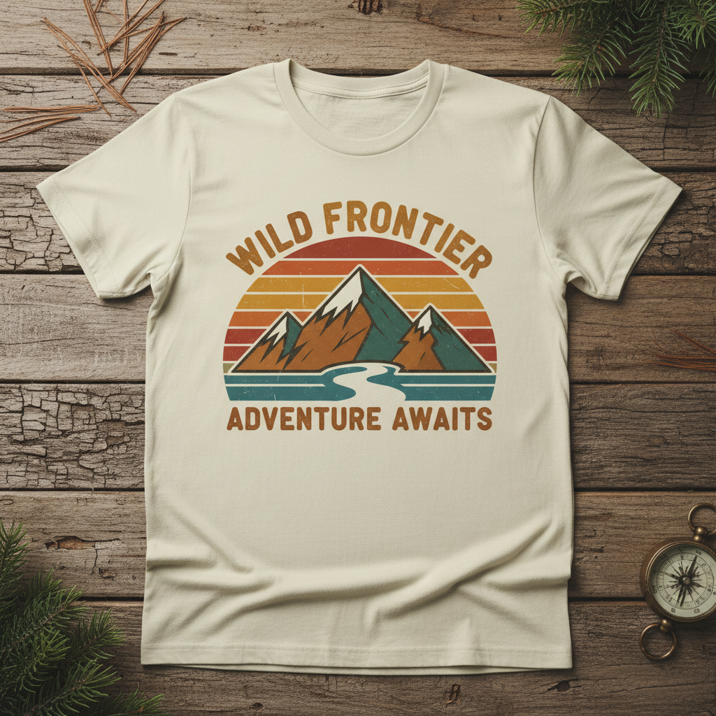 Retro adventure graphic t-shirt with vintage 70s style mountains and sunset stripes