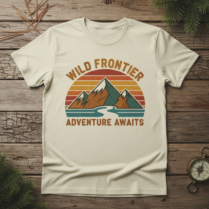 Retro adventure graphic t-shirt with vintage 70s style mountains and sunset stripes
