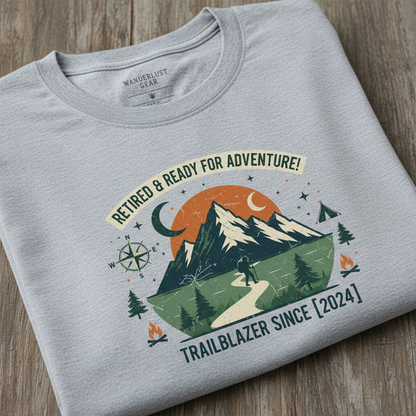 Close-up of retirement hiking graphic t-shirt showing adventure ready design