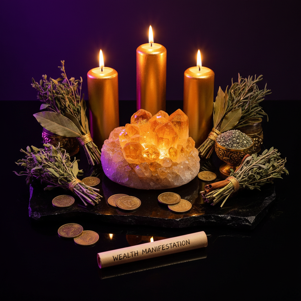 Abundance altar kit with citrine crystals, gold candles, prosperity herbs and coins