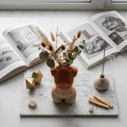 Overhead flat lay of body vase with dried flowers and modern decor