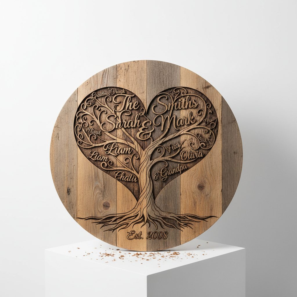 Personalized love tree wooden sign with family names carved into tree design