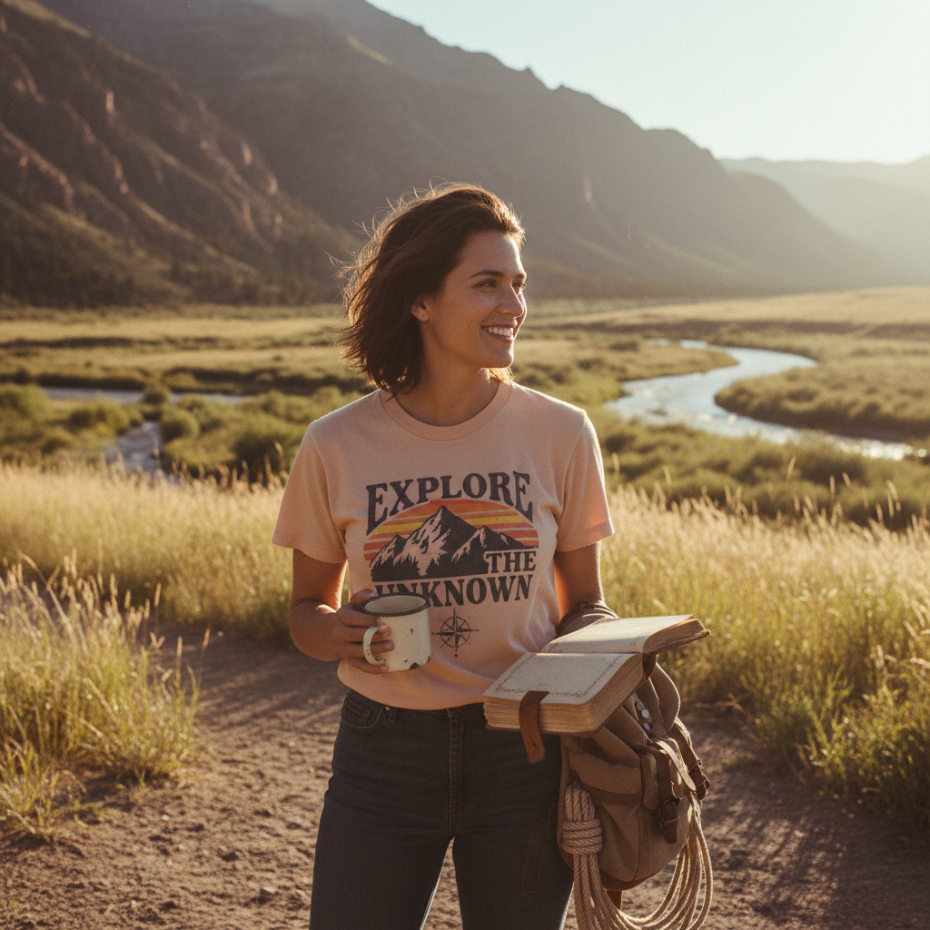 Person wearing retro adventure graphic t-shirt outdoors with golden hour lighting
