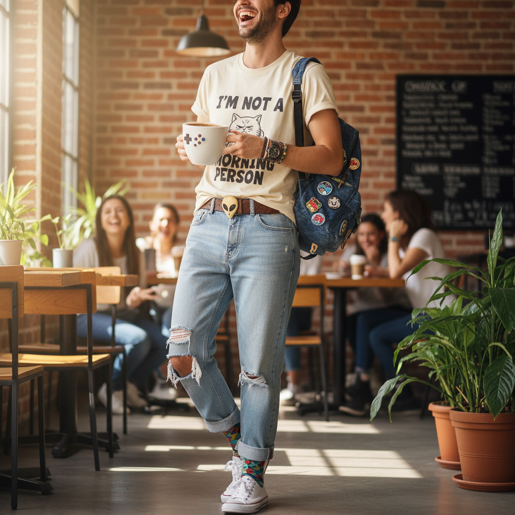 Funny t-shirt styled with casual jeans and accessories
