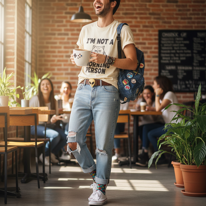 Funny t-shirt styled with casual jeans and accessories