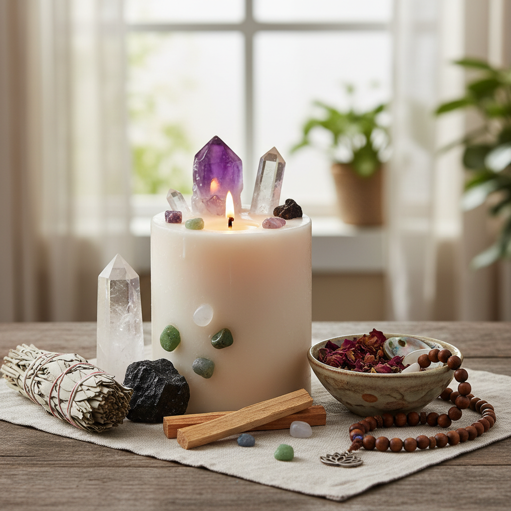 Ritual candle styled with transformation crystals and spiritual items