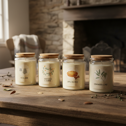 Whispers of the Homestead Collection - four hand-poured soy candles on rustic wooden surface