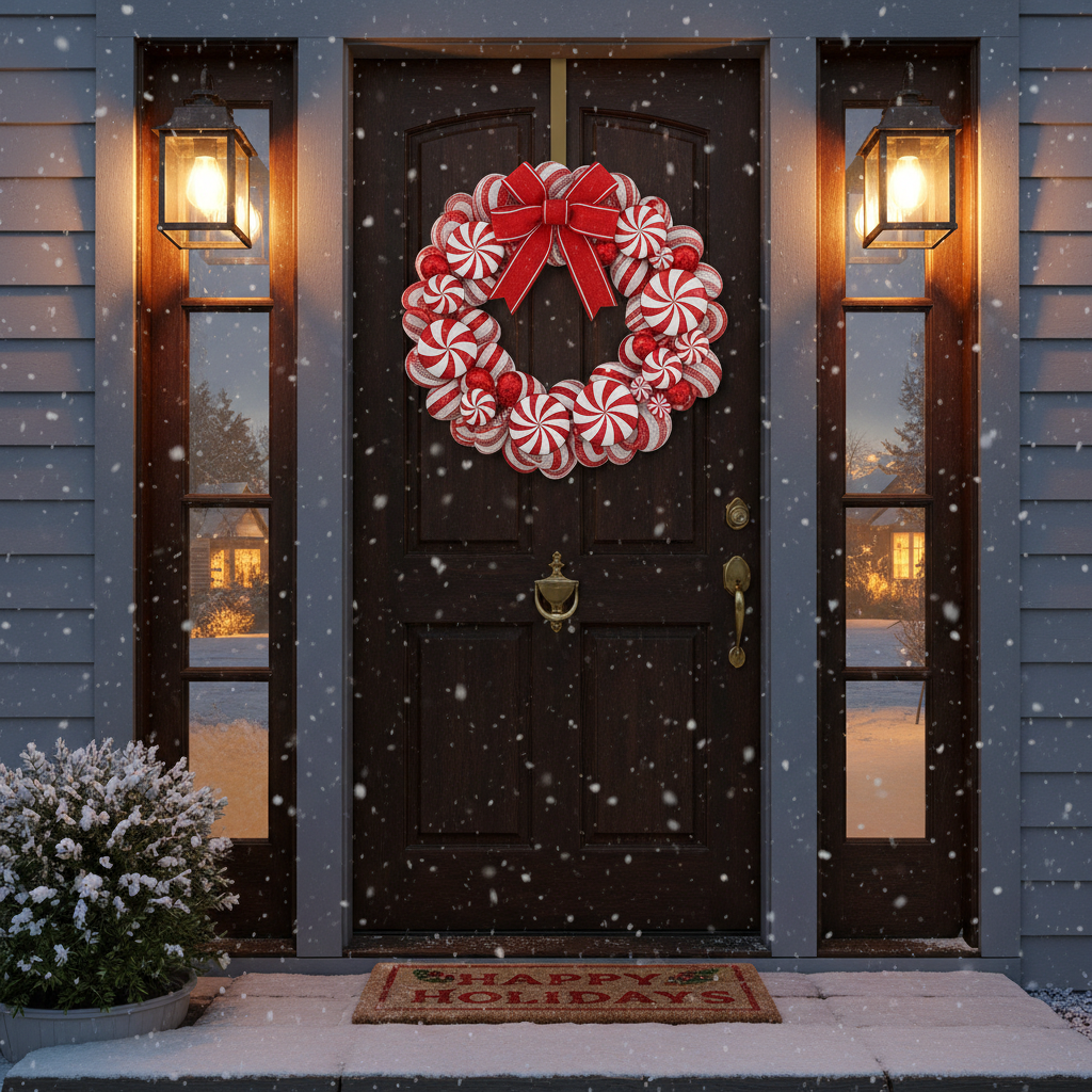 Peppermint wreath on front door with snow falling in background