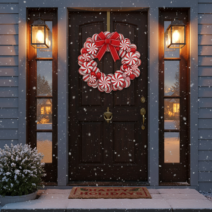 Peppermint wreath on front door with snow falling in background